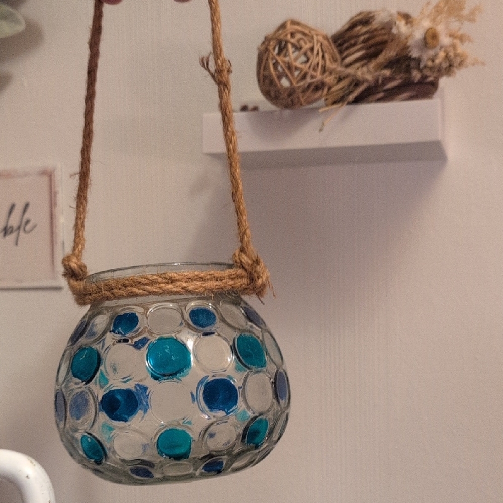 Glass Hanging Lantern with Blue Accents